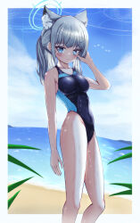 Rule 34 | 1girl, absurdres, animal ear fluff, animal ears, beach, black one-piece swimsuit, blue archive, blue eyes, blue sky, breasts, cloud, commission, competition swimsuit, covered navel, cross hair ornament, day, extra ears, feet out of frame, grey hair, hair ornament, halo, highleg, highleg swimsuit, highres, horizon, kagyaku rei, looking at viewer, low ponytail, medium breasts, medium hair, mismatched pupils, multicolored clothes, multicolored swimsuit, ocean, one-piece swimsuit, outdoors, shiroko (blue archive), shiroko (swimsuit) (blue archive), skeb commission, sky, solo, standing, swimsuit, wet, wet clothes, wet swimsuit, wolf ears