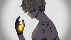 Rule 34 | 1boy, blonde hair, brown gloves, collarbone, embers, fire, from side, gloves, highres, looking down, male focus, nipples, one piece, pectorals, pinattsu, sabo (one piece), scar, scar across eye, scar on face, short hair, smile, solo, toned, toned male