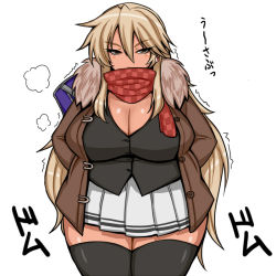 Rule 34 | 1girl, black thighhighs, blonde hair, breasts, brown eyes, cleavage, coat, cold, cowboy shot, earrings, eyes visible through hair, fat, female focus, hands in pockets, huge breasts, jewelry, kurokagami ryuuko, legs together, long hair, looking at viewer, miniskirt, muchigaku, original, otogi tetsurou, pleated skirt, plump, scarf, simple background, skirt, solo, standing, thighhighs, translated, trembling, white background, wide hips, zettai ryouiki