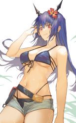 Rule 34 | 1girl, absurdres, arknights, bare arms, bare shoulders, bikini, black bikini, blue hair, breasts, ch&#039;en (arknights), ch&#039;en the holungday (arknights), ch&#039;en the holungday (elite ii) (arknights), commentary request, cowboy shot, dragon horns, flower, front-tie bikini top, front-tie top, grey shorts, hair between eyes, hair flower, hair ornament, hand up, highres, horns, kotatsu kaya, large breasts, long hair, micro shorts, navel, official alternate costume, open fly, red eyes, red flower, shorts, simple background, smile, solo, standing, stomach, swimsuit, white background