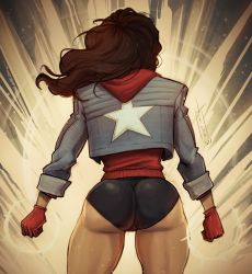 Rule 34 | 1girl, america chavez, ass, black shorts, blue jacket, brown hair, clenched hand, dark-skinned female, dark skin, devilhs, from behind, gloves, highres, jacket, light, long hair, long sleeves, marvel, red gloves, shorts, solo, star (symbol), star print, thighs, tight clothes
