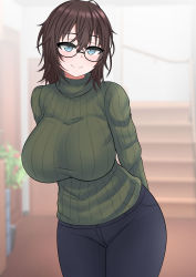 Rule 34 | 1girl, absurdres, aqua eyes, breasts, brown hair, getsuyoubi no tawawa, glasses, highres, large breasts, looking at viewer, messy hair, ribbed sweater, rikei-chan (tawawa), short hair, smile, sweater, the only shoe, turtleneck, turtleneck sweater
