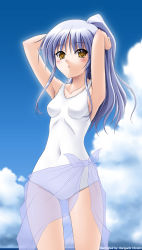 Rule 34 | 10s, 1girl, alternate hairstyle, angel beats!, armpits, blue hair, highres, horiguchi hiroshi, long hair, one-piece swimsuit, ponytail, sarong, see-through sarong, solo, swimsuit, tenshi (angel beats!), transparent, white one-piece swimsuit, yellow eyes