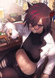 Rule 34 | 1girl, alcohol, animal ears, warrior of light (ff14), black-framed eyewear, black hair, black nails, black pants, black sweater, bottle, breasts, chair, commission, cropped jacket, cropped sweater, cup, final fantasy, final fantasy xiv, food, grin, hair between eyes, hair over shoulder, highres, holding, holding cup, jacket, long sleeves, looking at viewer, meat, medium breasts, midriff, mug, multicolored hair, nail polish, nakanishi tatsuya, navel, open clothes, open jacket, original, pants, pink hair, plate, purple eyes, ribbed sweater, sake, sake bottle, sitting, skeb commission, smile, solo, stomach, streaked hair, sweater, table, torn clothes, torn pants, wavy hair, white jacket