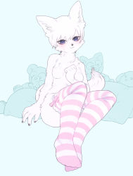 Rule 34 | 1girl, :3, animal ears, bad id, bad pixiv id, blue eyes, blush, furry, furry female, gosannana, highres, nude, original, pillow, short hair, simple background, solo, striped clothes, striped thighhighs, stuffed animal, stuffed toy, sweatdrop, tail, thighhighs, white hair
