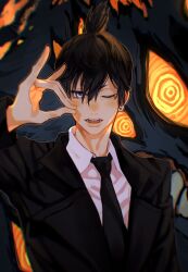 Rule 34 | 1boy, 1other, black hair, black jacket, black necktie, chainsaw man, collared shirt, earrings, extra eyes, formal, fox devil (chainsaw man), fox shadow puppet, glowing, glowing eyes, hayakawa aki, highres, jacket, jewelry, kozdoma, looking at viewer, necktie, one eye closed, open mouth, ringed eyes, sharp teeth, shirt, short hair, stud earrings, suit, suit jacket, teeth, topknot, white shirt, yellow eyes
