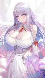 Rule 34 | 1girl, absurdres, azur lane, bare shoulders, breasts, cleavage, cleavage cutout, clothing cutout, collar, cowboy shot, dress, highres, huge breasts, kaki z3, long hair, looking at viewer, plymouth (azur lane), purple eyes, purple hair, red ribbon, ribbon, sleeveless, sleeveless dress, smile, solo, white collar, white dress