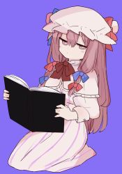 Rule 34 | 1girl, 76gpo, blue background, blue bow, book, bow, bowtie, capelet, closed mouth, dress, full body, hair bow, hat, highres, holding, holding book, long hair, long sleeves, looking at viewer, mob cap, patchouli knowledge, purple hair, red bow, sidelocks, simple background, solo, striped clothes, striped dress, touhou, white capelet, white dress, white hat