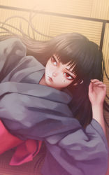 Rule 34 | 1girl, absurdres, arm up, black hair, closed mouth, expressionless, from above, highres, hitsuji no uta, japanese clothes, kimono, light frown, lips, long sleeves, miura-n315, mole, mole under eye, multiple moles, nose, red eyes, sash, solo, takashiro chizuna, upper body