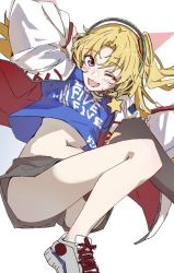 Rule 34 | 1girl, arm up, azur lane, black thighhighs, blonde hair, blue shirt, blush, bu4321, cleveland (azur lane), cleveland (road trip!) (azur lane), hands up, headphones, jacket, jewelry, long hair, long sleeves, looking at viewer, navel, necklace, one eye closed, open clothes, open jacket, open mouth, parted bangs, shirt, shoes, side ponytail, simple background, single thighhigh, sleeves past wrists, smile, sneakers, solo, star (symbol), star necklace, thighhighs, thighs, white background, white footwear, white jacket