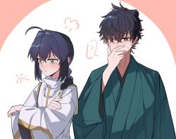 Rule 34 | 1boy, 1other, ?, ahoge, androgynous, black hair, blue kimono, braid, braided ponytail, crossed arms, crying, crying with eyes open, fate/samurai remnant, fate (series), hair intakes, highres, japanese clothes, jewelry, kimono, miyamoto iori (fate), necklace, orange eyes, pout, puff of air, shirosaki20725, sidelocks, simple background, single braid, sweat, tears, topknot, yamato takeru (fate)
