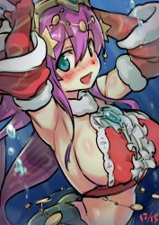 Rule 34 | 1girl, :d, absurdres, armpits, blue eyes, blush, breasts, covered erect nipples, crown, dated, elbow gloves, from side, gloves, hair between eyes, hands up, highres, large breasts, long hair, looking at viewer, mermaid, monster girl, open mouth, purple hair, puzzle &amp; dragons, red gloves, siren (p&amp;d), smile, solo, try (lsc), underwater