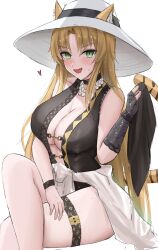 Rule 34 | 1girl, :d, animal ears, arknights, black one-piece swimsuit, blonde hair, blush, breasts, center opening, cleavage, clothes around waist, crossed legs, ears through headwear, green eyes, hat, highres, holding clothes, holding shorts, invisible chair, large breasts, long hair, namikare, official alternate costume, one-piece swimsuit, open mouth, shirt, shirt around waist, shorts, simple background, sitting, smile, solo, swimsuit, swire (arknights), tail, tiger ears, tiger girl, tiger tail, unworn shorts, very long hair, white background, white hat