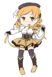 Rule 34 | 10s, 1girl, blonde hair, boots, chibi, full body, hat, looking at viewer, magical girl, mahou shoujo madoka magica, mahou shoujo madoka magica (anime), ribbon, solo, standing, striped clothes, striped thighhighs, thighhighs, tomoe mami, tsuduya (knt31), white background, yellow eyes