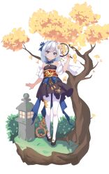 Rule 34 | 1girl, absurdres, bare shoulders, black dress, black footwear, blue eyes, blue flower, bush, china dress, chinese clothes, dress, flower, grass, hair flower, hair ornament, hand fan, highres, holding, holding fan, honkai (series), honkai impact 3rd, leaf, long hair, looking at viewer, pantyhose, pin (pintale002), simple background, smile, solo, standing, theresa apocalypse, zhuge kongming (honkai impact), thighhighs, tree, white background, white flower, white hair, white pantyhose, zhuge kongming (honkai impact)