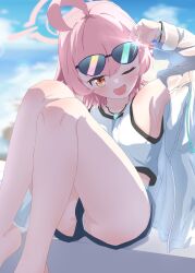 Rule 34 | 1girl, ahoge, alternate costume, armpits, bare legs, blue archive, blue sky, blurry, blurry background, blush, breasts, charm (object), cloud, collarbone, commentary request, fang, feet out of frame, halo, highres, hoshino (blue archive), jacket, jewelry, looking at viewer, necklace, one eye closed, open clothes, open jacket, orange eyes, panties, panties under shorts, panty peek, pink hair, shirt, short shorts, shorts, sky, sleeveless, sleeveless shirt, small breasts, solo, sunglasses, thighs, u9ffo, underwear, white panties, wristband