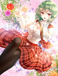 Rule 34 | 1girl, ascot, black pantyhose, breasts, cleavage, flower, green hair, hand on own cheek, hand on own face, kazami yuuka, large breasts, nagare, open mouth, pantyhose, plaid, plaid skirt, plaid vest, red eyes, red flower, red rose, rose, shirt, short hair, skirt, solo, touhou, vest, white shirt
