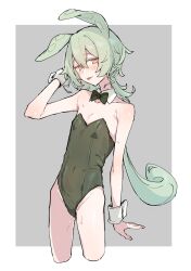 Rule 34 | 1girl, azuma shino, blush, bow, bowtie, commentary request, detached collar, flat chest, green hair, highres, leotard, long hair, nontraditional playboy bunny, pea pod, simple background, solo, strapless, strapless leotard, tongue, tongue out, very long hair, voicevox, wrist cuffs, yellow eyes, zundamon
