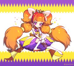 Rule 34 | 1girl, 1oo06, amanogawa kirara, bare shoulders, boots, brown hair, cure twinkle, detached collar, earrings, full body, gloves, go! princess precure, jewelry, long hair, low-tied long hair, magical girl, multicolored hair, precure, purple eyes, quad tails, red hair, skirt, smile, solo, star (symbol), star earrings, streaked hair, thigh boots, thighhighs, twintails, twitter username, two-tone hair, white thighhighs