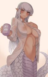 Rule 34 | 1girl, ;), absurdres, blunt bangs, breasts, cleavage, closed mouth, commission, covered erect nipples, cup, highres, holding, holding cup, lamia, large breasts, long hair, looking at viewer, monster girl, monster girl encyclopedia, navel, one eye closed, open clothes, pointy ears, pussy, red eyes, scales, second-party source, see-through, see-through shirt, shirohebi (monster girl encyclopedia), sidelocks, smile, solo, sonzai soumei, tail, white hair, wing collar