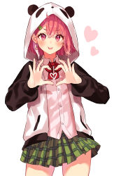 Rule 34 | 1girl, absurdres, animal hood, black jacket, blush, closed mouth, collared shirt, commentary, cowboy shot, dress shirt, earrings, eyelashes, flat chest, green skirt, hair between eyes, hair ornament, heart, heart hands, highres, hood, hooded jacket, jacket, jewelry, looking at viewer, lq saku, miniskirt, mole, mole under eye, multicolored clothes, multicolored jacket, neck ribbon, nijisanji, open clothes, open jacket, panda hood, pink eyes, pink hair, plaid, plaid skirt, pleated skirt, red ribbon, ribbon, sasaki saku, shirt, short hair, simple background, skirt, smile, solo, symbol-only commentary, thighs, tongue, tongue out, two-tone jacket, virtual youtuber, white background, white jacket, white shirt, wing collar