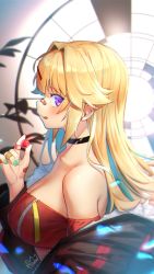 Rule 34 | 1girl, :p, bare shoulders, blonde hair, blue hair, blush, candy, choker, crop top, female focus, food, green nails, highres, holding, long hair, mitake eil, multicolored hair, nail polish, original, profile, purple eyes, sideways glance, signature, solo, strapless, tongue, tongue out