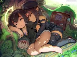 Rule 34 | 2girls, backpack, bag, bare legs, barefoot, black footwear, black headwear, black nails, black shirt, black shorts, black thighhighs, boots, brown hair, closed eyes, commentary, commission, dark-skinned female, dark skin, english commentary, final fantasy, final fantasy xiv, flower, grass, halo, hat, head chain, highres, holding hands, jewelry, krokobyaka, lalafell, leaf, lying, multiple girls, mushroom, nail polish, nature, necklace, on side, original, outdoors, partially unbuttoned, pendant, plate, pointy ears, shade, shirt, short hair, short shorts, shorts, signature, sleeping, thigh boots, thighhighs, tree shade, unbuttoned, unbuttoned shirt, warrior of light (ff14)