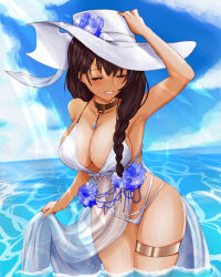 Rule 34 | 1girl, bikini, black hair, blue flower, braid, braided ponytail, breasts, cleavage, day, flower, goddess of victory: nikke, grin, hair over shoulder, hat, hat flower, highres, huge breasts, jais6, large breasts, large hat, light blush, long hair, mary (bay goddess) (nikke), mary (nikke), ocean, official alternate costume, outdoors, smile, solo, sun hat, swimsuit, swimsuit cover-up, wading, water, white bikini
