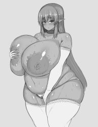 Rule 34 | 1girl, absurdres, blush, breasts, fat, female focus, female pubic hair, gigantic breasts, highres, large areolae, long hair, looking at viewer, monochrome, navel, nipples, original, panties, plump, pointy ears, pubic hair, sanagimaru7974, solo, sweat, tensai427, thick thighs, thighhighs, thighs, topless, underwear, wide hips