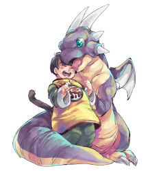 Rule 34 | 1boy, :d, ^ ^, black hair, blue eyes, child, chinese clothes, closed eyes, dragon, dragon ball, dragon wings, dragonball z, full body, happy, icarus (dragon ball), licking, licking another&#039;s face, male focus, open mouth, short hair, simple background, smile, son gohan, standing, tail, tongue, tongue out, u-min, white background, wings