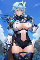 Rule 34 | 1girl, absurdres, black gloves, black hairband, black thighhighs, blue cape, blue hair, blue necktie, blue sky, blush, boots, breasts, cape, center opening, cleavage, closed mouth, clothing cutout, cloud, commentary, covered erect nipples, cowboy shot, day, eula (genshin impact), gauntlets, genshin impact, gloves, gluteal fold, hair between eyes, hairband, hand up, high-waist shorts, highres, hill, holding necktie, large breasts, long sleeves, looking at viewer, medium hair, morung, multicolored eyes, navel, navel cutout, necktie, no bodysuit, outdoors, purple eyes, shirt, shorts, shoulder cutout, side cutout, sidelocks, skindentation, sky, solo, standing, thigh boots, thigh gap, thigh strap, thighhighs, vision (genshin impact), white shirt, yellow eyes