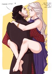 1boy 1girl a_song_of_ice_and_fire artist_request aunt_and_nephew barefoot beard belt black_hair bracelet daenerys_targaryen dress english_text facial_hair game_of_thrones incest jewelry jon_snow leg_lock long_hair looking_at_another medieval_clothing purple_dress short_hair white_hair