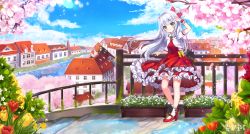 Rule 34 | 1girl, architecture, arm up, bad id, bad pixiv id, blooming, blush, bow, canal, cherry, city, day, flower, food, fruit, grey eyes, hair bow, highres, long hair, looking at viewer, mary janes, original, outdoors, petals, red bow, renaissance, river, shoes, silver hair, solo, ttaji (pass35), tulip, wrist cuffs, yellow bow