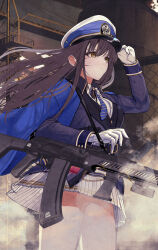 Rule 34 | 1girl, adjusting clothes, adjusting headwear, blue hat, blue jacket, blue necktie, brown hair, closed mouth, collared shirt, diesel (nikke), dirty, dirty face, frown, gloves, goddess of victory: nikke, hat, highres, jacket, jacket on shoulders, long hair, military hat, military jacket, military uniform, necktie, open clothes, open jacket, peaked cap, pleated skirt, shirt, sidelocks, skirt, solo, strap, striped necktie, tamotsu nagai, uniform, weapon, white gloves, white shirt, white skirt, yellow eyes