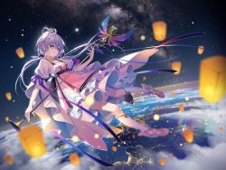 Rule 34 | 1girl, breasts, commentary request, dress, earth (planet), full body, green eyes, hair between eyes, hair ornament, hair ribbon, hair rings, holding, kneehighs, lantern, long hair, looking at viewer, low twintails, luo tianyi, microphone stand, midair, milky way, paper lantern, planet, ribbon, shoes, silver hair, sky, small breasts, socks, solo, space, sparkle, star (sky), starry sky, tidsean, twintails, vocaloid, vocanese, white socks