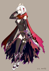 Rule 34 | 1girl, black gloves, black leotard, black thighhighs, breasts, breasts apart, brown background, brown cape, cape, chest harness, closed mouth, commentary request, dated, elbow gloves, expressionless, eyes visible through hair, full body, gloves, guillotine cross (ragnarok online), hair between eyes, hand in own hair, harness, highres, holding, holding knife, knife, kusabi (aighe), leg armor, leotard, long bangs, looking at viewer, medium breasts, official alternate costume, ragnarok online, red eyes, red scarf, reverse grip, scarf, short hair, simple background, solo, thighhighs, torn cape, torn clothes, torn scarf, waist cape, white hair