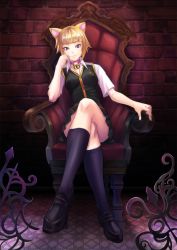 Rule 34 | 1girl, animal ears, bad id, bad pixiv id, bell, blonde hair, breasts, brown eyes, cat ears, cat girl, closed mouth, collar, female focus, full body, highres, kuraishi tanpopo, crossed legs, looking at viewer, neck bell, school uniform, shoes, short hair, sitting, skirt, smile, socks, solo, witch craft works, yamagami mozuku