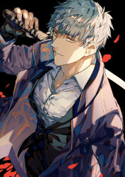 Rule 34 | 1boy, absurdres, black gloves, black suit, brown eyes, collared shirt, fate/grand order, fate (series), formal, from above, gloves, grey hair, highres, holding, holding sword, holding weapon, jacket, katana, long sleeves, male focus, nasubi illust, open clothes, open jacket, petals, saitou hajime (fate), shirt, short hair, smile, suit, sword, upper body, weapon, white shirt