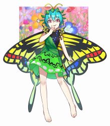 Rule 34 | 1girl, absurdres, antennae, aqua hair, barefoot, blue flower, butterfly wings, dress, eternity larva, fairy, flower, full body, green dress, hair between eyes, highres, insect wings, leaf, leaf on head, mo mo kaze, multicolored clothes, multicolored dress, open mouth, pink eyes, pink flower, purple flower, red flower, short hair, short sleeves, smile, solo, touhou, wings, yellow flower