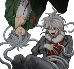Rule 34 | 2boys, ansatsu kyoushitsu, collarbone, commentary request, cosplay, costume switch, danganronpa (series), danganronpa 2: goodbye despair, doggye (zginrwsn), feet out of frame, fur collar, green jacket, green pants, grey hair, grey jacket, grey pants, grey shirt, hair between eyes, hand on own chest, highres, horibe itona, horibe itona (cosplay), jacket, komaeda nagito, komaeda nagito (cosplay), long sleeves, looking at another, male focus, medium hair, multiple boys, open clothes, open jacket, open mouth, pants, print shirt, red shirt, shirt, short hair, simple background, tentacles, upside-down, white background, yellow eyes