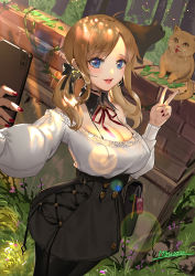 Rule 34 | 1girl, ahoge, artist name, asymmetrical bangs, bag, bare shoulders, black bra, blonde hair, blue eyes, blush, bow, bra, breasts, cat, cellphone, cleavage, corrupted metadata, detached collar, dress, earrings, furrowed brow, hair bow, handbag, heart, heart earrings, highres, itoucon, jewelry, large breasts, lips, lipstick, long hair, long sleeves, looking at viewer, low twintails, makeup, nail polish, neck ribbon, open mouth, original, pantyhose, phone, ribbon, selfie, short dress, signature, smartphone, smile, solo, strapless, strapless dress, string bra, twintails, underwear, v