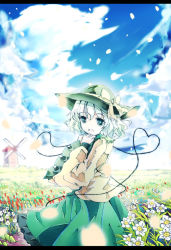 Rule 34 | 1girl, blurry, blush, bondson, bow, cloud, daffodil, day, depth of field, eyeball, female focus, field, flower, flower field, frills, green eyes, green hair, hat, heart, heart of string, horizon, komeiji koishi, letterboxed, looking at viewer, matching hair/eyes, nature, open mouth, outdoors, petals, short hair, silver hair, skirt, sky, smile, solo, standing, sun hat, third eye, touhou, tulip, wavy hair, windmill