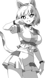 Rule 34 | 1girl, :d, animal ears, bell, bracelet, breasts, cat ears, cat girl, cat tail, cowboy shot, culottes, fang, goutokuji mike, greyscale, hand up, jewelry, looking at viewer, medium breasts, midriff, monochrome, navel, neck bell, onkn sxkn, open mouth, shirt, short hair, short shorts, short sleeves, shorts, smile, solo, tail, thighs, touhou