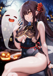 Rule 34 | 1girl, bare arms, bare shoulders, boo tao (genshin impact), breasts, brown hair, dress, genshin impact, grin, hand up, highres, hu tao (genshin impact), jack-o&#039;-lantern, large breasts, nail polish, night, night sky, outdoors, red eyes, red nails, sitting, sky, sleeveless, sleeveless dress, smile, solo, squchan, thighs, twintails