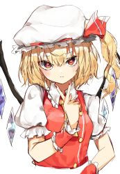 Rule 34 | 1girl, ascot, blonde hair, blush, breasts, closed mouth, collared shirt, commentary request, crystal, flandre scarlet, frilled shirt collar, frilled sleeves, frills, hair between eyes, hat, hat ribbon, head tilt, highres, looking at viewer, medium hair, mob cap, nail polish, pocche-ex, puffy short sleeves, puffy sleeves, red eyes, red nails, red ribbon, red vest, ribbon, ribbon-trimmed headwear, ribbon trim, shirt, short sleeves, side ponytail, simple background, small breasts, solo, touhou, upper body, v, vest, white background, white hat, white shirt, wings, wrist cuffs, yellow ascot