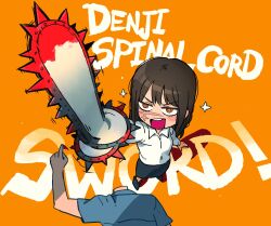 Rule 34 | 1boy, 1girl, arm up, black hair, blood, bloody weapon, blue shirt, chainsaw, chainsaw man, character name, collared shirt, corpse, decapitation, denji (chainsaw man), facial scar, hepari, highres, holding, holding weapon, long hair, open mouth, orange eyes, ringed eyes, scar, scar on cheek, scar on face, shirt, smile, weapon, white shirt, yoru (chainsaw man)