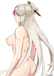 Rule 34 | 1girl, absurdres, ass, breasts, completely nude, female focus, genshin impact, glasses, hair ornament, half-closed eyes, highres, long hair, naked towel, ningguang (genshin impact), nipples, nude, red eyes, rroar8, simple background, solo, tassel, tassel hair ornament, towel, wet, white background, white hair