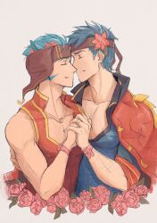 2boys animal_ears blue_hair cat_boy cat_ears closed_eyes commentary couple cropped_torso english_commentary fell_from_the_sky fire_emblem fire_emblem:_radiant_dawn fire_emblem_heroes flower hair_flower hair_ornament headband holding_hands ike_(fire_emblem) jewelry laguz_(fire_emblem) male_focus multiple_boys necklace nintendo pectoral_cleavage pectorals pink_flower pink_rose ranulf_(fire_emblem) ring ring_necklace rose sleeveless toned toned_male valentine yaoi