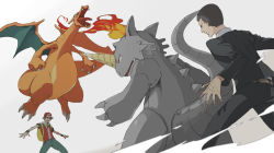 Rule 34 | 2boys, angry, backpack, bad id, bad pixiv id, bag, baseball cap, battle, black hair, brown hair, charizard, creatures (company), dragon, fighting, fire, flame-tipped tail, formal, game freak, gen 1 pokemon, giovanni (pokemon), hat, hiyokko ep, jacket, multiple boys, nintendo, pokemon, pokemon (creature), pokemon origins, red (pokemon), rhydon, short hair, suit, white background, wristband