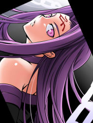 Rule 34 | 1girl, bare shoulders, chain, dress, facial mark, fate/stay night, fate (series), forehead mark, imada kozue, long hair, looking at viewer, medusa (fate), medusa (rider) (fate), purple eyes, purple hair, shaft look, solo, square pupils, strapless, strapless dress, type-moon, very long hair